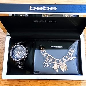 CLEARANCE Bebe Gunmetal Watch & Gold Charm Bracelet Set